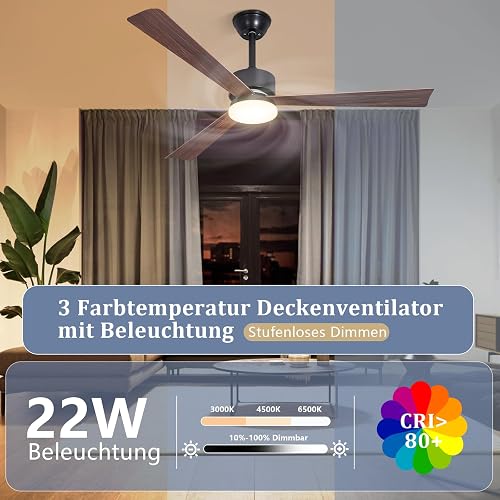 Homefire Ventilateur de plafond LED avec éclairage - Plafonnier de 131 cm pour salon, silencieux, 3 pales, intensité variable, grand format, lampe de plafond moderne avec télécommande - 5