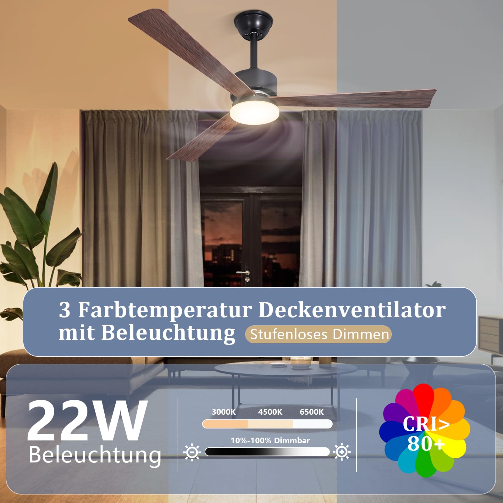 Homefire Ventilateur de plafond LED 131 cm avec éclairage, silencieux, 3 pales, télécommande