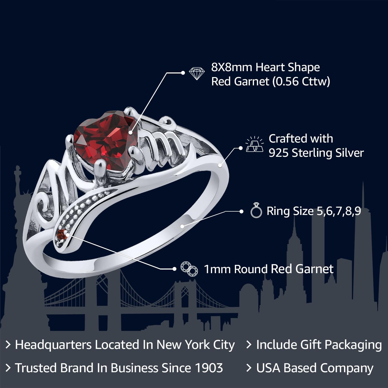 Gem Stone King Mother's Day MOM Ring For Women | 925 Sterling Silver | 6MM Heart Shape Gemstone Birthstone | Available In Size 5, 6, 7, 8, 9