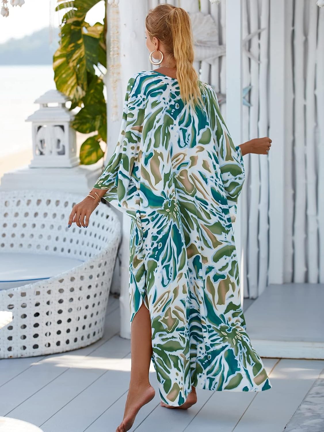 Beach Cover ups Hand Woven V Neck Swim Cover up Caftan Rayon Cotton Kaftan Dresses Floral Ethnic Print Beach Kaftans