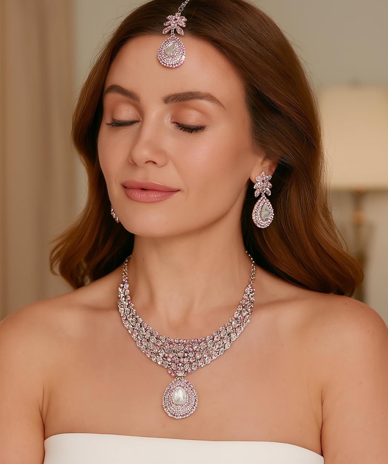 Touchstone Indian wedding jewelry sets for women necklace bollywood jewellery set desi bridal designer necklaces earrings artificial joyeria rhinestone crystal fancy in white or silver or gold tone