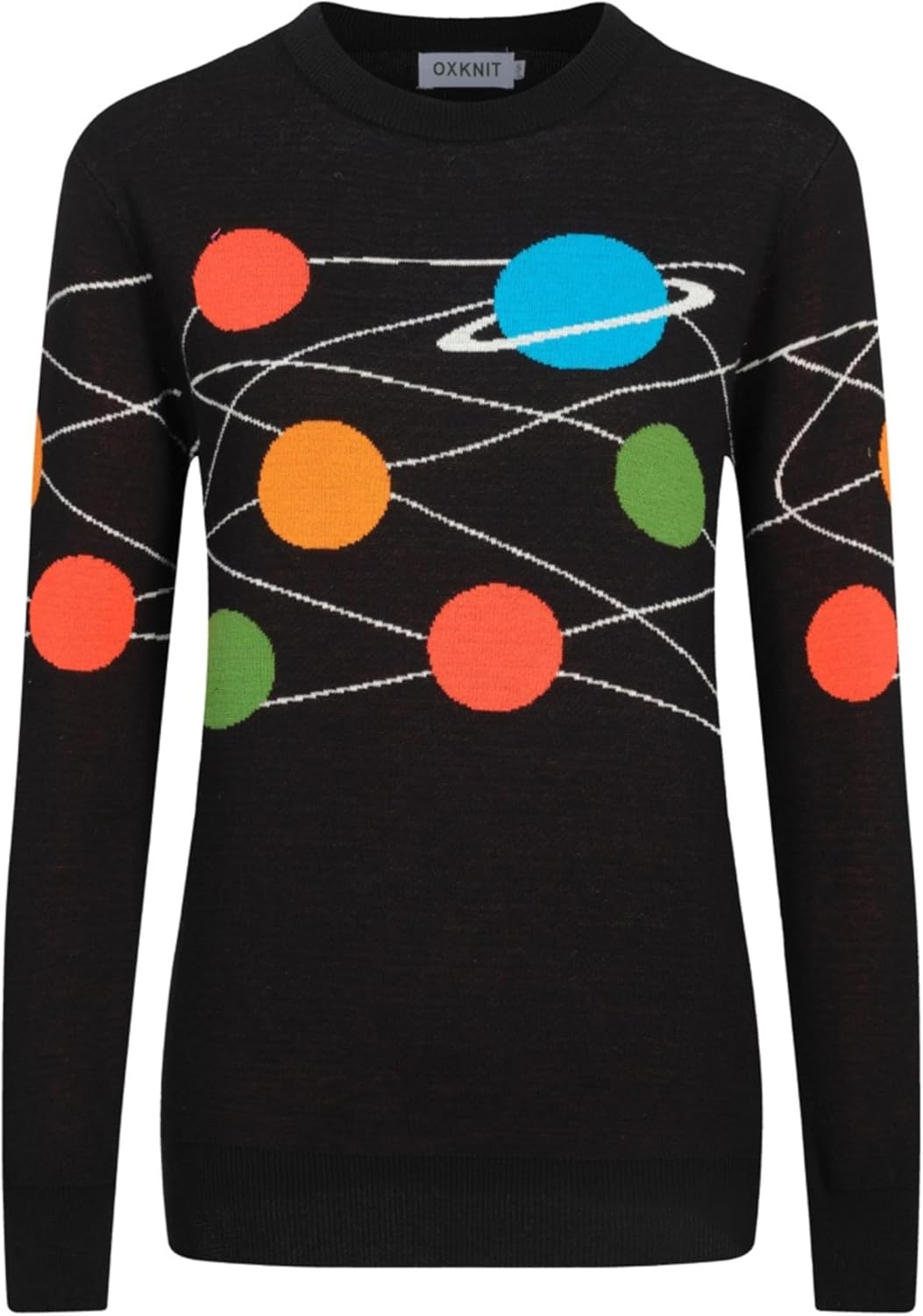 OXKNIT Women's Knit Grey Long Sleeve T-Shirts, 1960s Retro Planetary Pattern Crewneck Casual Knitted Tops