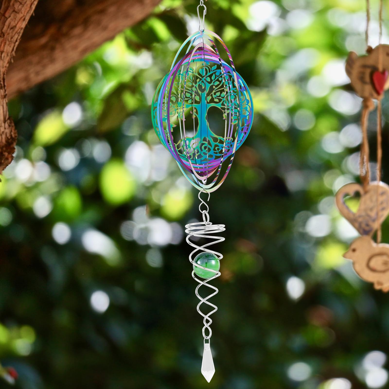 Éolienne à suspendre en acier inoxydable, carillon rotatif 3D, arbre de vie à suspendre avec queue en spirale, décoration d'extérieur en métal à suspendre pour jardin, terrasse