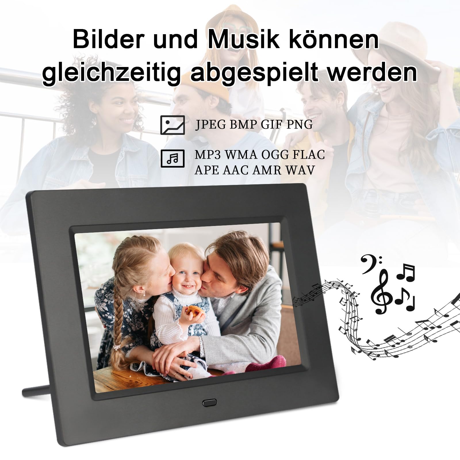 TSITSC Cadre photo électronique de 7 pouces, écran IPS 1024 x 600, calendrier, fonction horloge, musique, photo/lecteur vidéo avec télécommande, prend en charge les cartes USB/SD