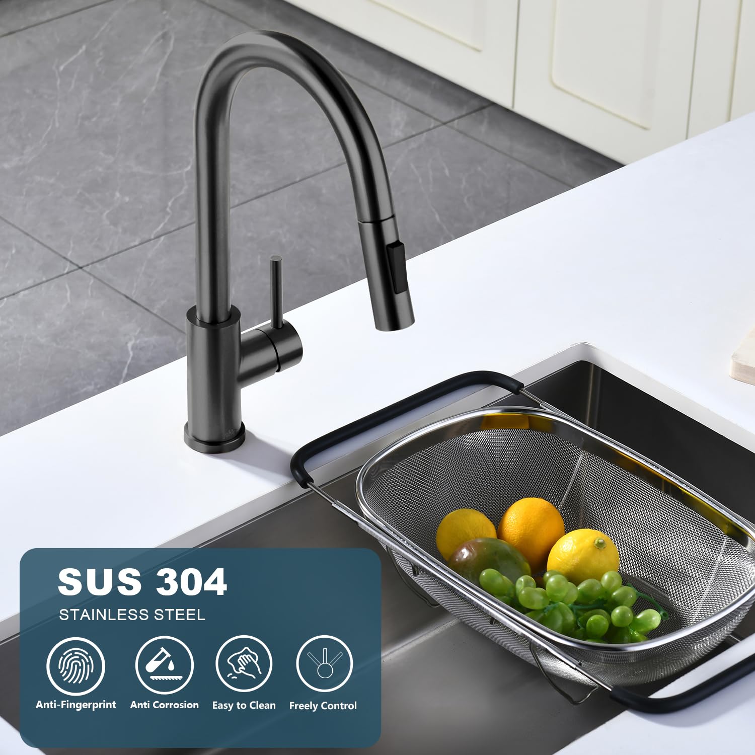 Tohlar Grifos de cocina grises con pulverizador extraíble, grifo de fregadero de cocina de una sola manija, color negro, moderno grifo de cocina de acero Staninless con placa de cubierta, gris