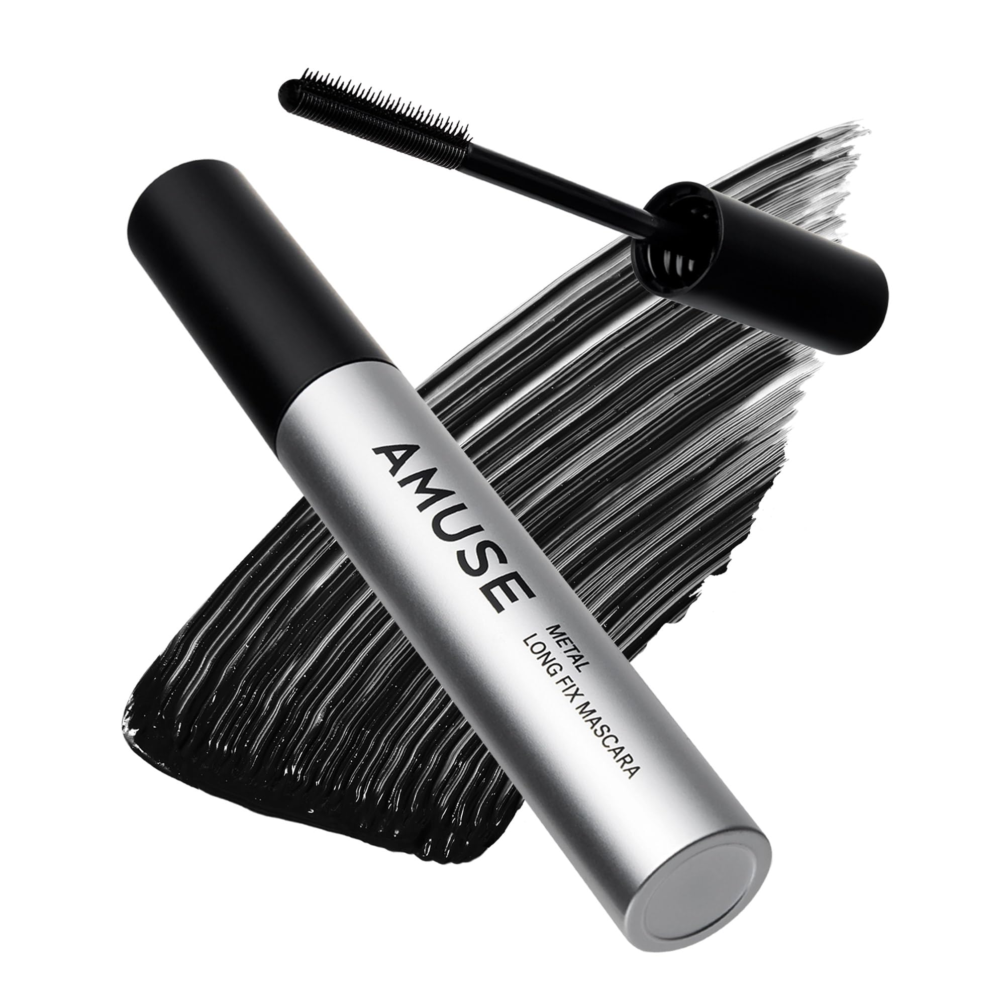 AMUSE SEOUL Long Fix Metal Mascara (01 BLACK) - Tubing Mascara, Smudge Proof, Clump Free, Flake Proof, 2 in 1 Comb Iron Wand, Defining, Curling, Volumizing, Superproof, Vegan, Korean Makeup