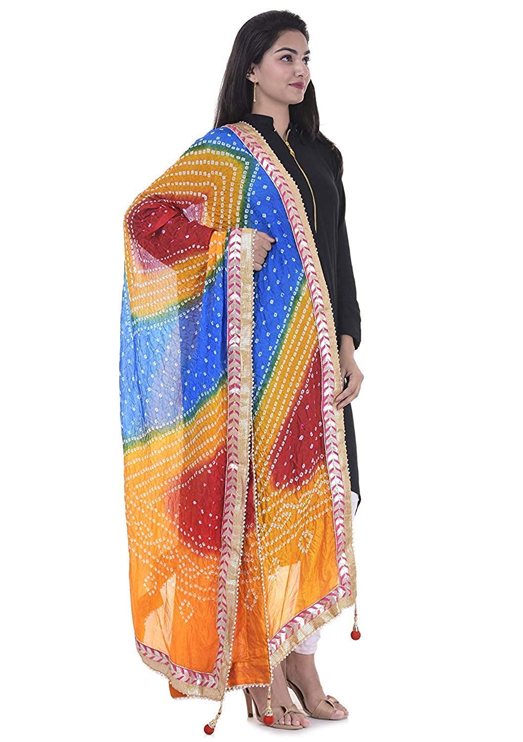 kalpit creations Women's Jaipuri Art Silk Bandhej Rajasthani Bandhani Dupatta with Gota Patti Lace