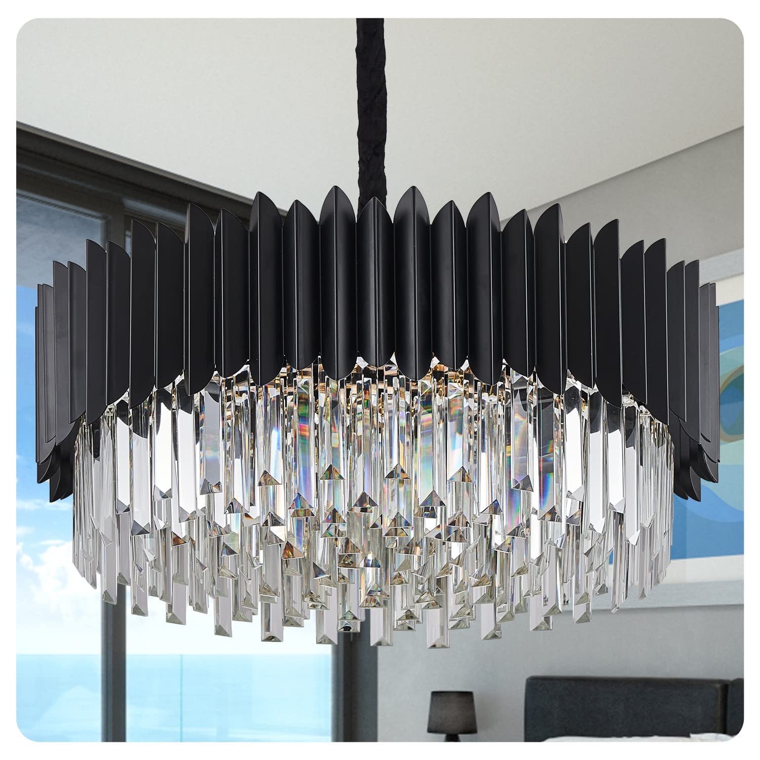 YOLIZUOT Black Crystal Chandelier, 23.62'' K9 Crystal Round Pendant Lights Adjustable 5-Tier Large Modern Crystal Chandelier 10-Lights for Dining Room, Living Room, Entryway