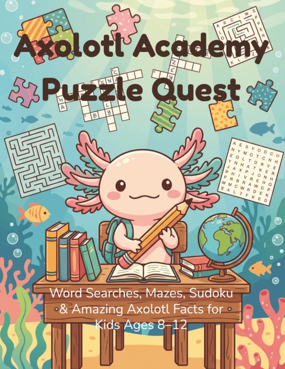 Axolotl Academy Puzzle Quest: Word Searches, Mazes, Sudoku & Amazing Axolotl Facts for Kids Ages 8–12