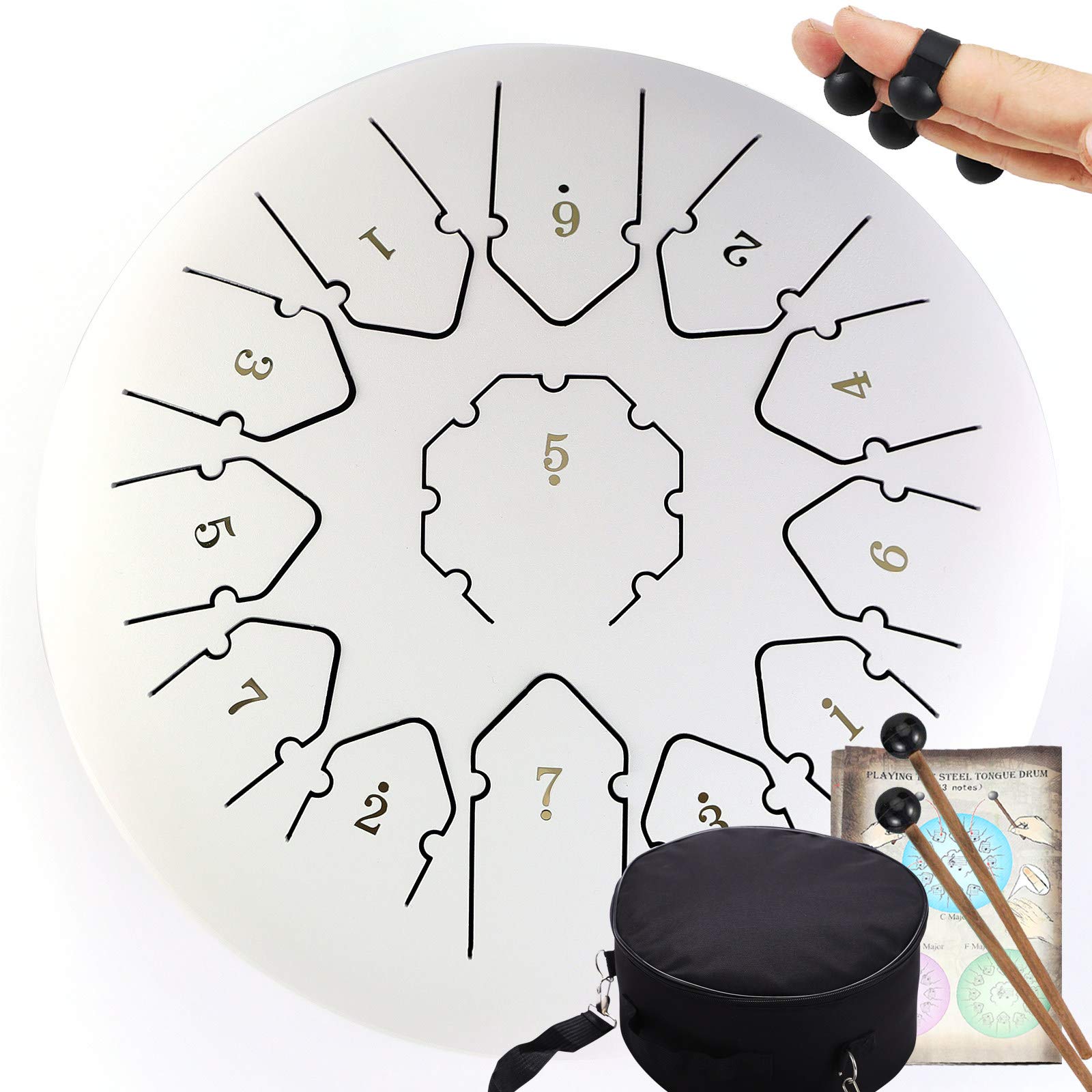 Bęben językowy 12 cali 13 notatek Instrument perkusyjny Handpan Drum Instrumenty perkusyjne stalowe z torbą, książką muzyczną, młotkami, białym
