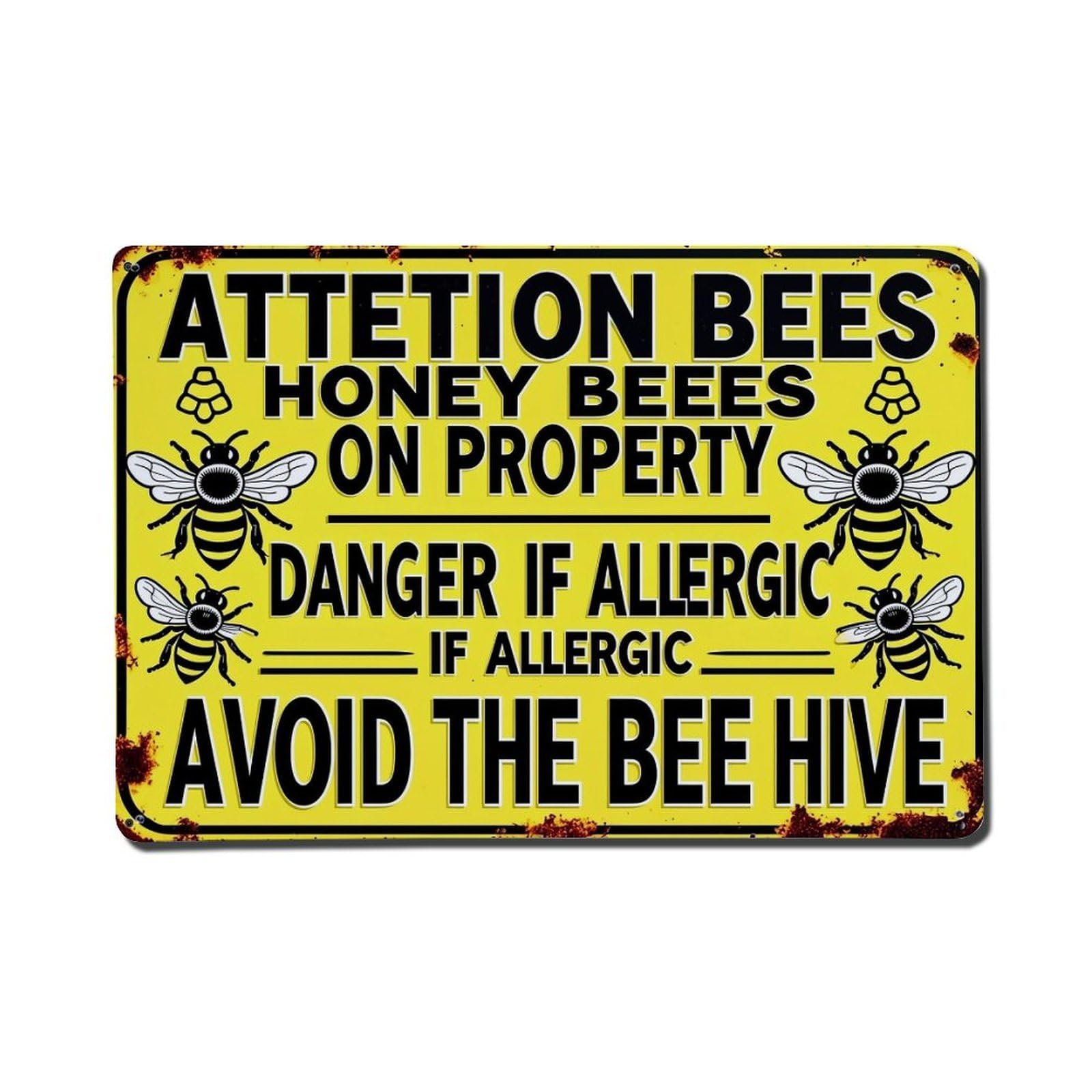 Bee Warning Sign Pattern Print Retro Metal Tin Sign, Vintage Decor Art Poster for Bar, Home, Man Cave, Kitchen, Laundry Room Gift 8x12Inch