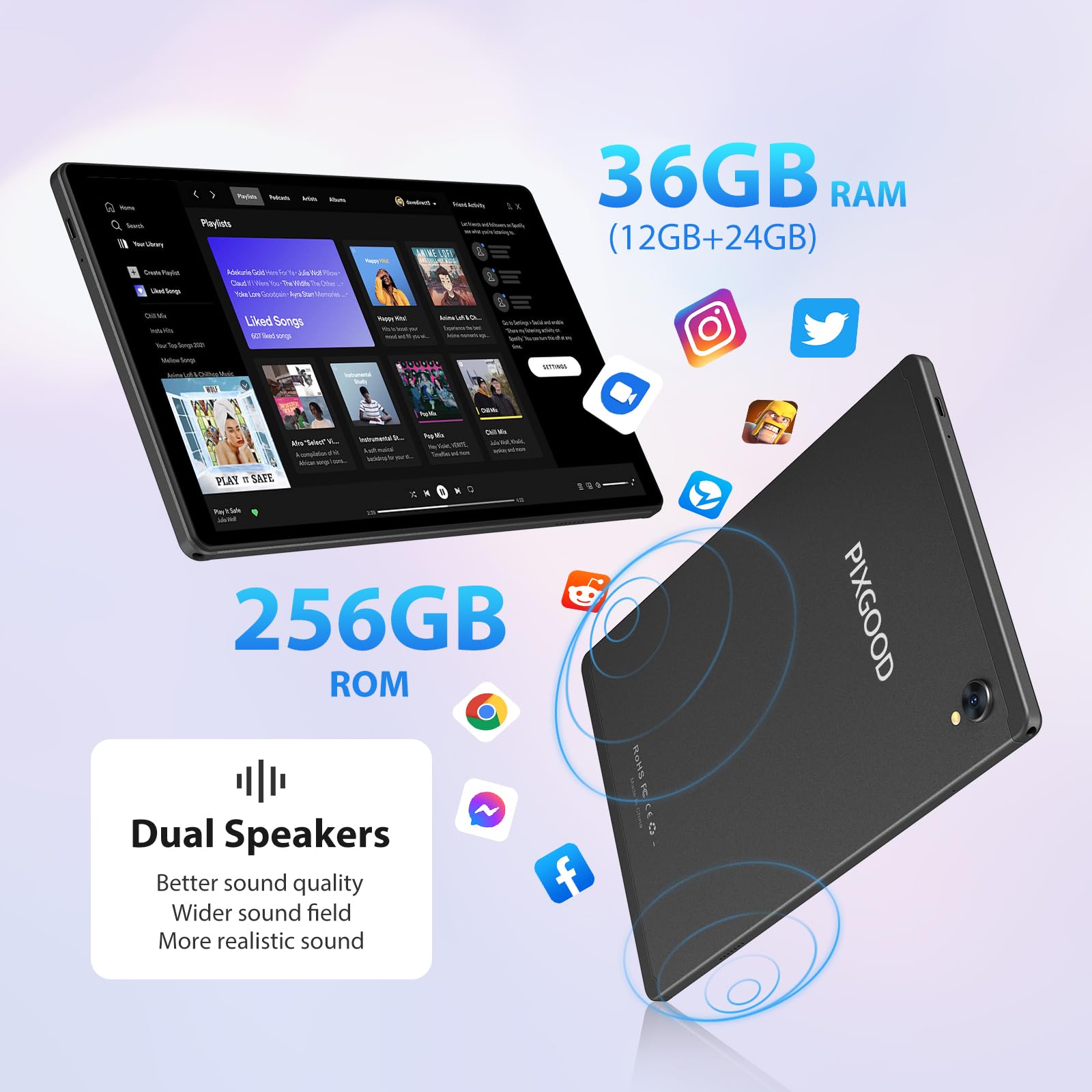 PIXGOOD 2K Tablet 10,4 Pollici, 4G LTE+5G WiFi, 36GB RAM+256GB ROM (2TB TF), Android 14 Tablet PC, Octa-Core, INCELL 2000 * 1200, 8000mAh, 13MP+8MP, GPS, Tablet in offerta con tastiera ect (Nero)