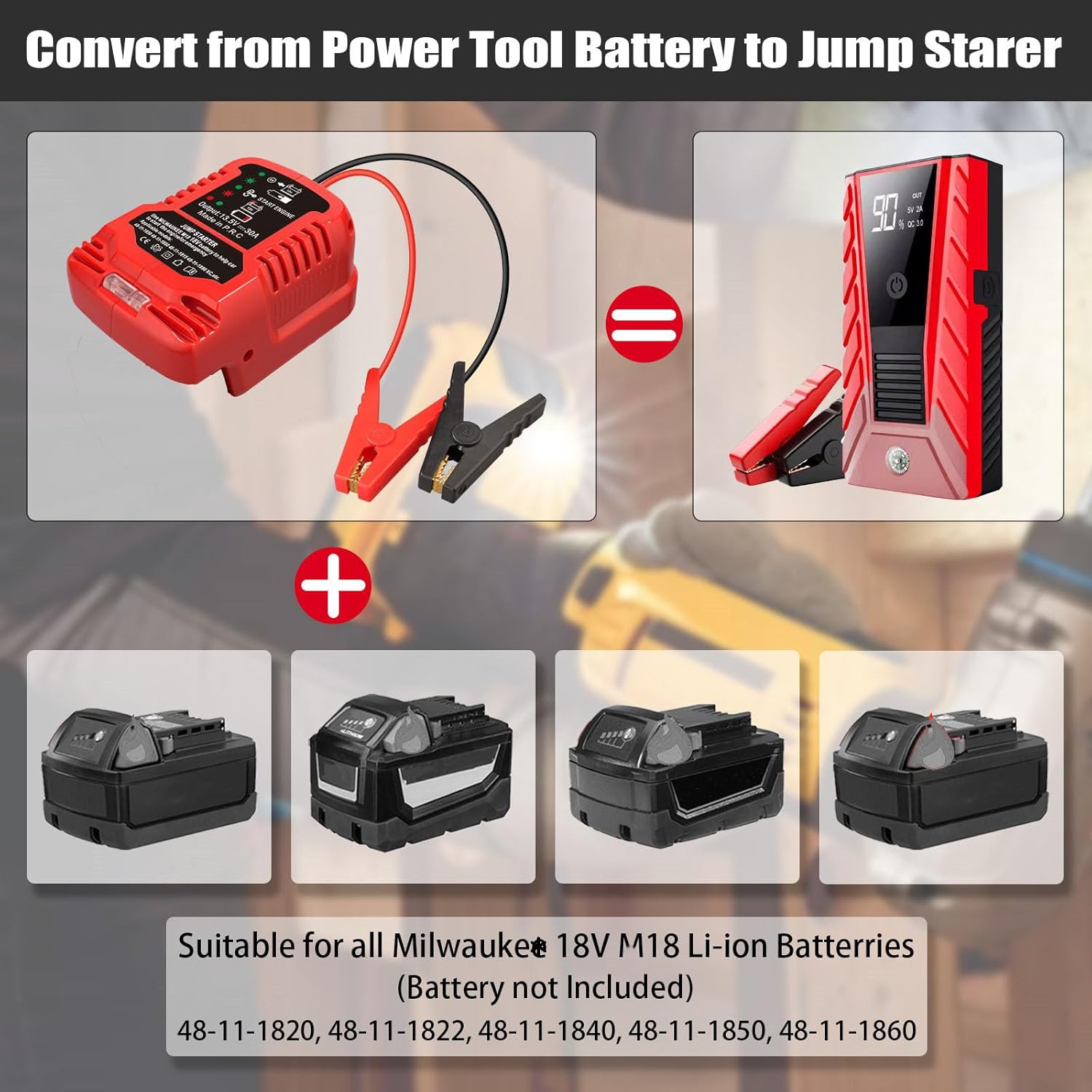 Car Jump Starter Adapter for Milwaukee M18 18V Battery,Portable Car Battery Jumper Starter with 12V Jumper Cable Clamps for 3.5L Vehicles (Not Included Battery)