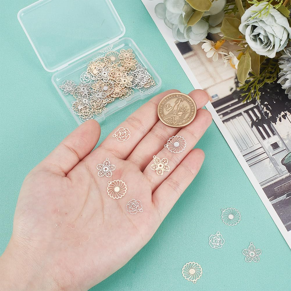 Flower Filigree Charms Floral Dangle Charms Rose Daisy Pendants Etched Metal Embellishments Brass Craft Supplies for DIY Bracelets Earring Necklace Jewelry Making - Image 3