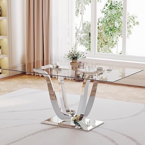 Miniatura 11 de Mesas de comedor redondas de 36 pulgadas, mesa de comedor moderna de cocina con base de metal cromado dorado, mesas de comedor redondas de vidrio