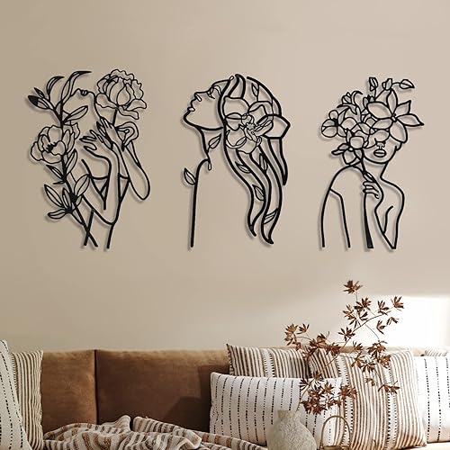 Photect 3 piezas de arte de pared de metal, arte minimalista abstracto para mujer, arte de pared de metal moderno, línea de dibujo, decoración