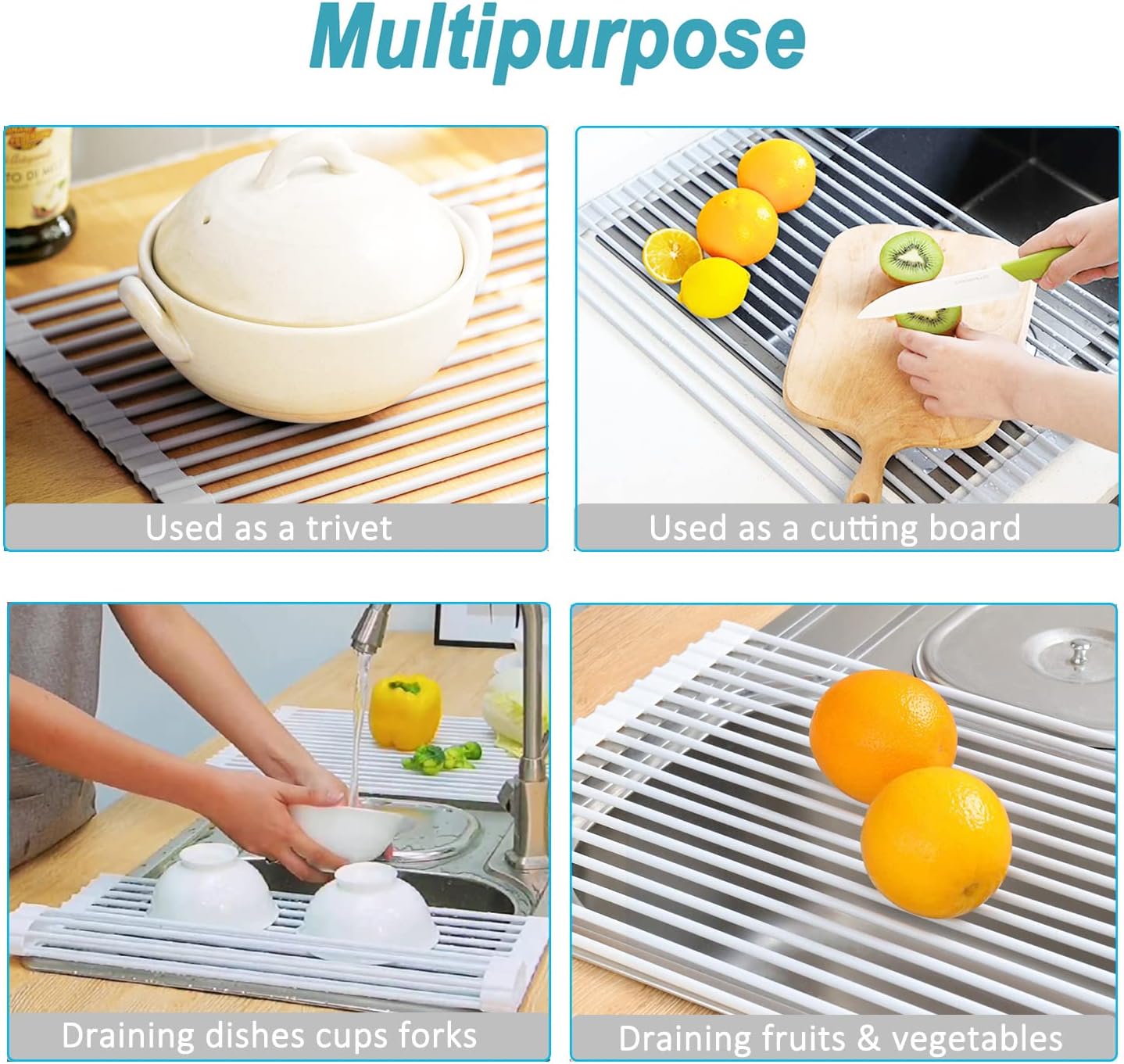 Dish Drainer, White Roll Up Dish Drying Rack, Over Sink Drying Rack with Silicone-Coated, Heat-Resistant Anti-Slip Dry Rack for Dishes Cups Fruits Vegetables - 17" x 13"