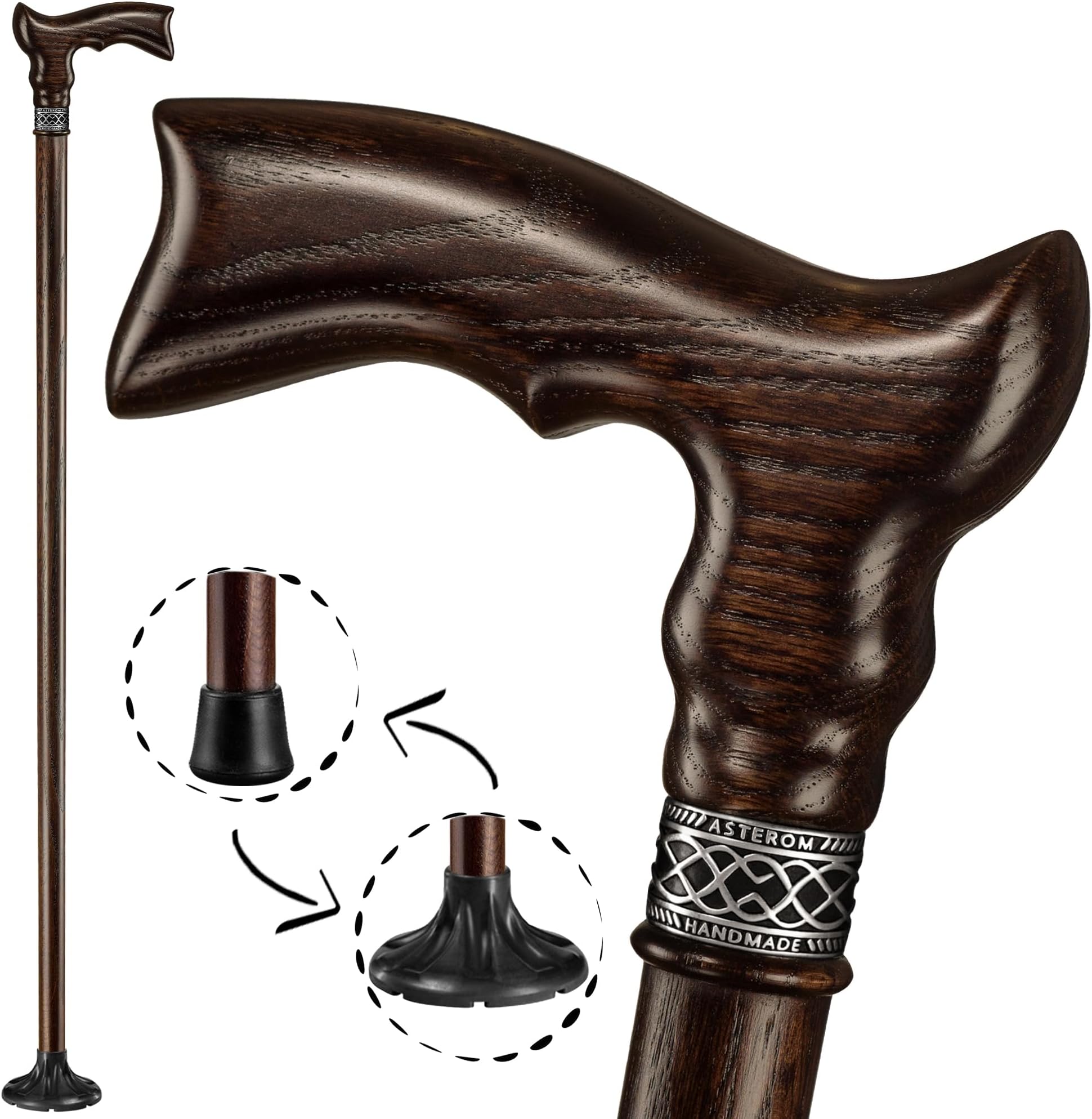 Asterom Handcrafted Ergonomic Wooden Walking Cane for Men and Women - Stylish Men's Oak Wood Cane - Fashionable Walking Stick (Walnut)