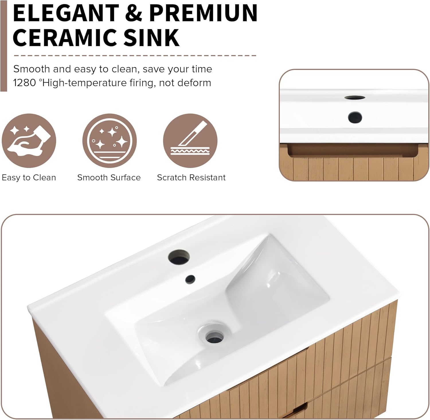 30Inch Ceramic Bathroom Vanity Sink Top, 29.75"x18.25" Single Bowl Basin Rectangular Drop-In Sink, White