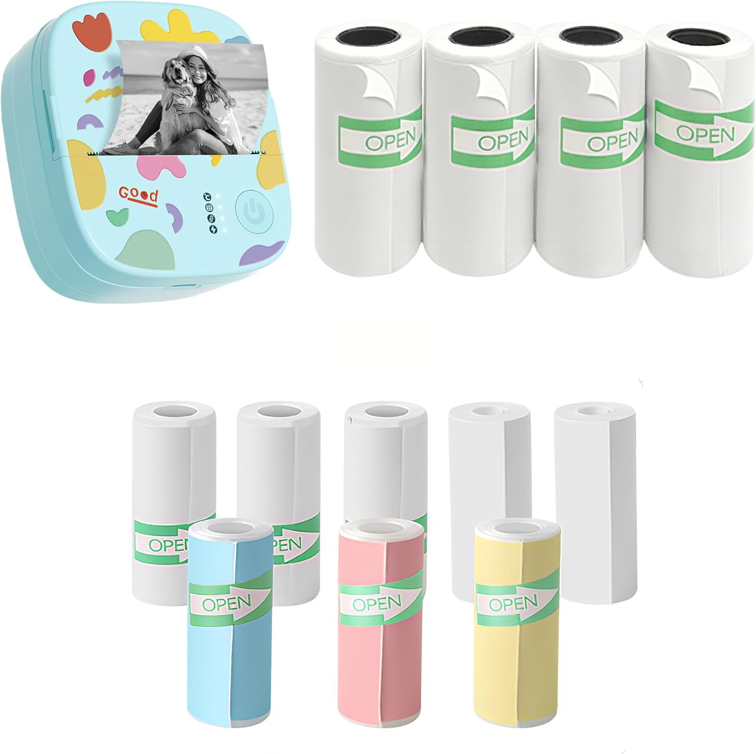 Mini Sticker Printer Bundle – Portable Inkless Bluetooth Thermal Printer with BPA-Free Color Sticker Paper Rolls – for Labels, Notes, Journals, DIY, Students, Home & Office Use