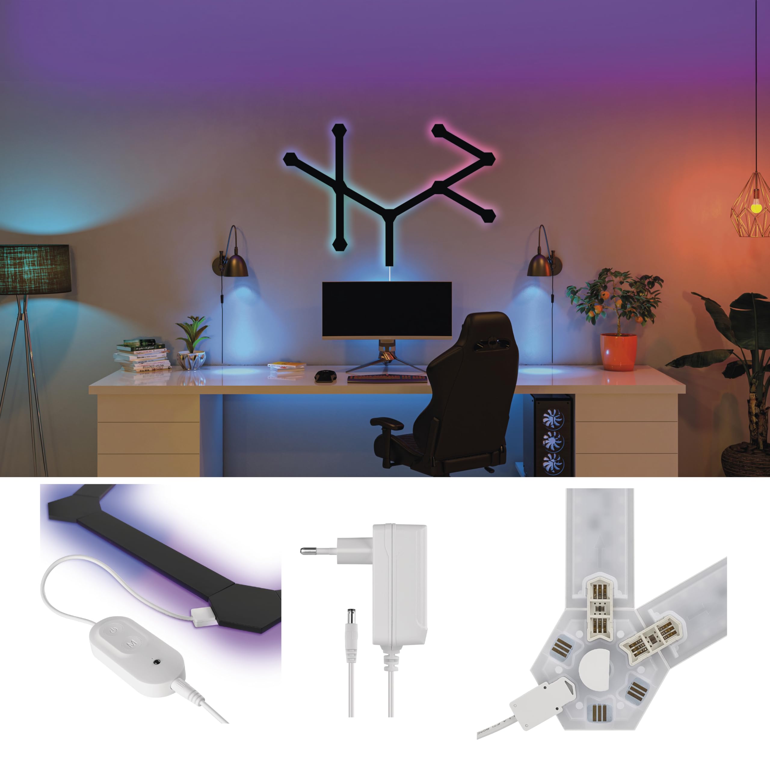 EMOS - Aplique inteligente RGBIC para juegos con aplicación, 9+9 piezas - Iluminación modular - 16 millones de colores, sincronización de música, control por voz - Luz ambiental WiFi de 2,4 GHz