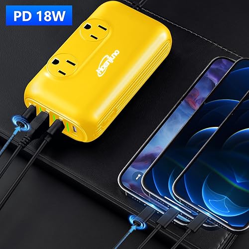 Miniatura 5 de Hoenjuno Inversor de corriente para automóvil de 200 W, CC 12 V a 110 V CA, cargador de coche Loptop, 3 puertos USB, adaptador de enchufe para