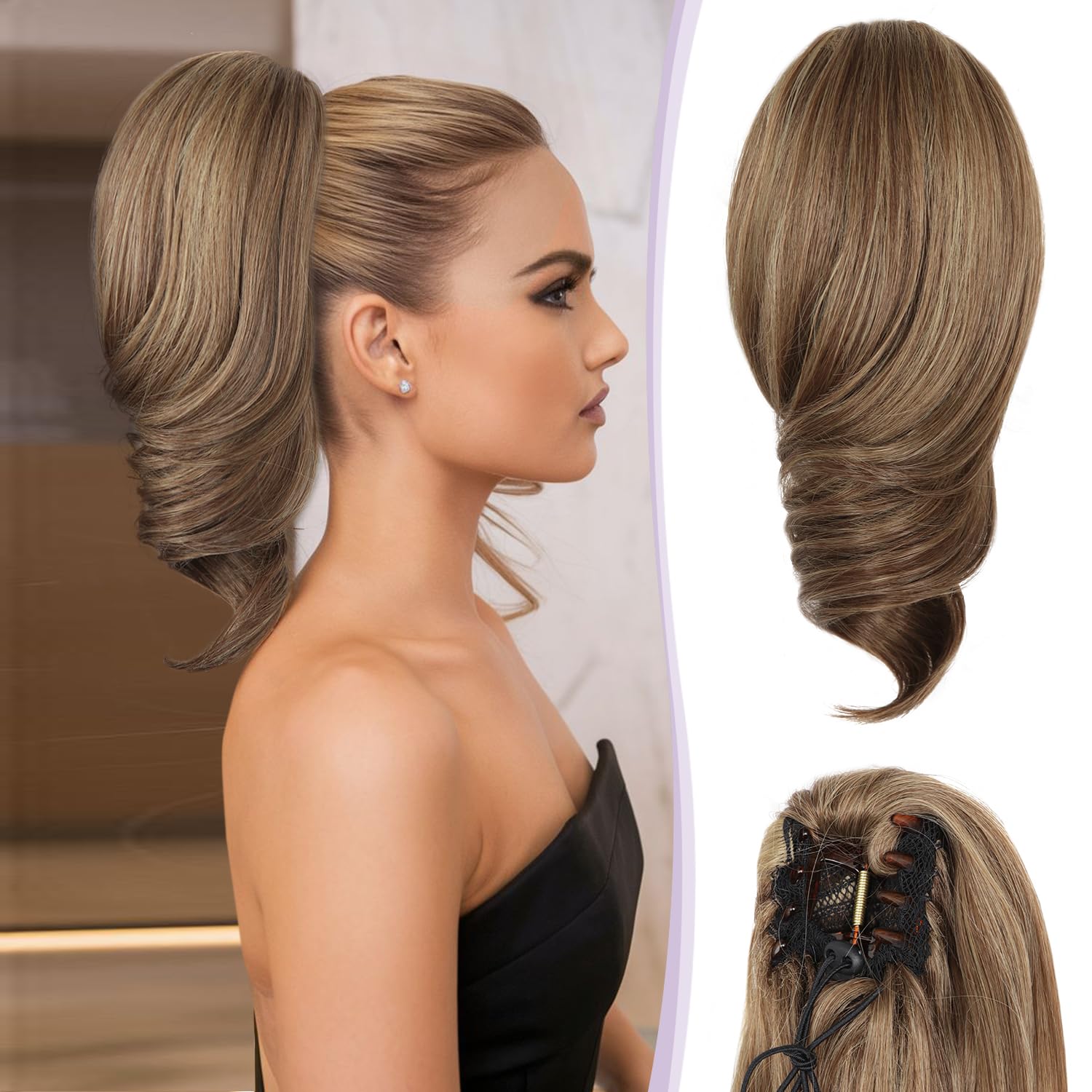 View 1 of 12 Inch Ponytail Extension - Clip in Ponytail Hair Extensions, Curly Wavy Pony Tails Hair Extensions, Synthetic Claw Clip Ponytail Extension for Women (Color: Light Brown With Blonde Highlights)