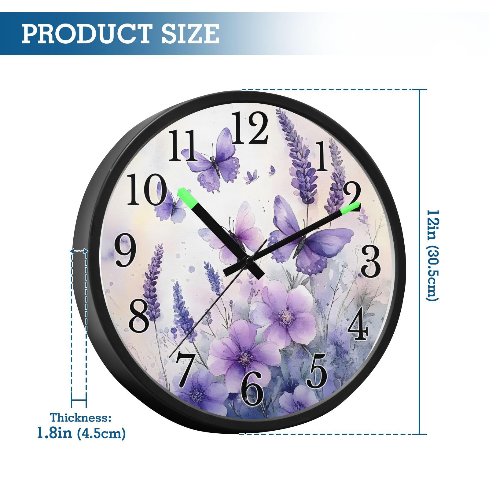 Mnsruu Reloj de pared luminoso con diseño de flores y mariposas, funciona con pilas, silencioso, brilla en la oscuridad, para sala de estar, cocina, 12 pulgadas