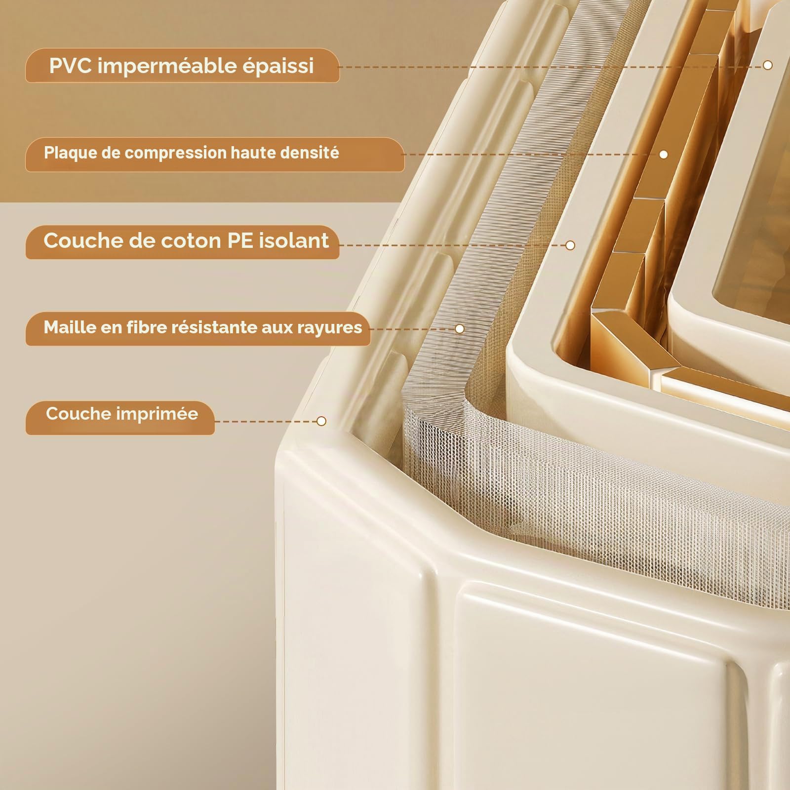 Baignoire portable pour adultes 150 x 55 x 50 cm, baignoire pliable pour adultes avec 2 trous de vidange, baignoire familiale pour glace équipée de 2 plaques de support latérales avec couvercle (Beige