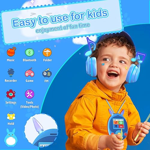Miniatura 2 de Reproductor MP3 de 64 GB para niños, reproductor de MP3 para niños con Bluetooth, altavoz frontal, juegos, grabadora, luces de oído, alarma,