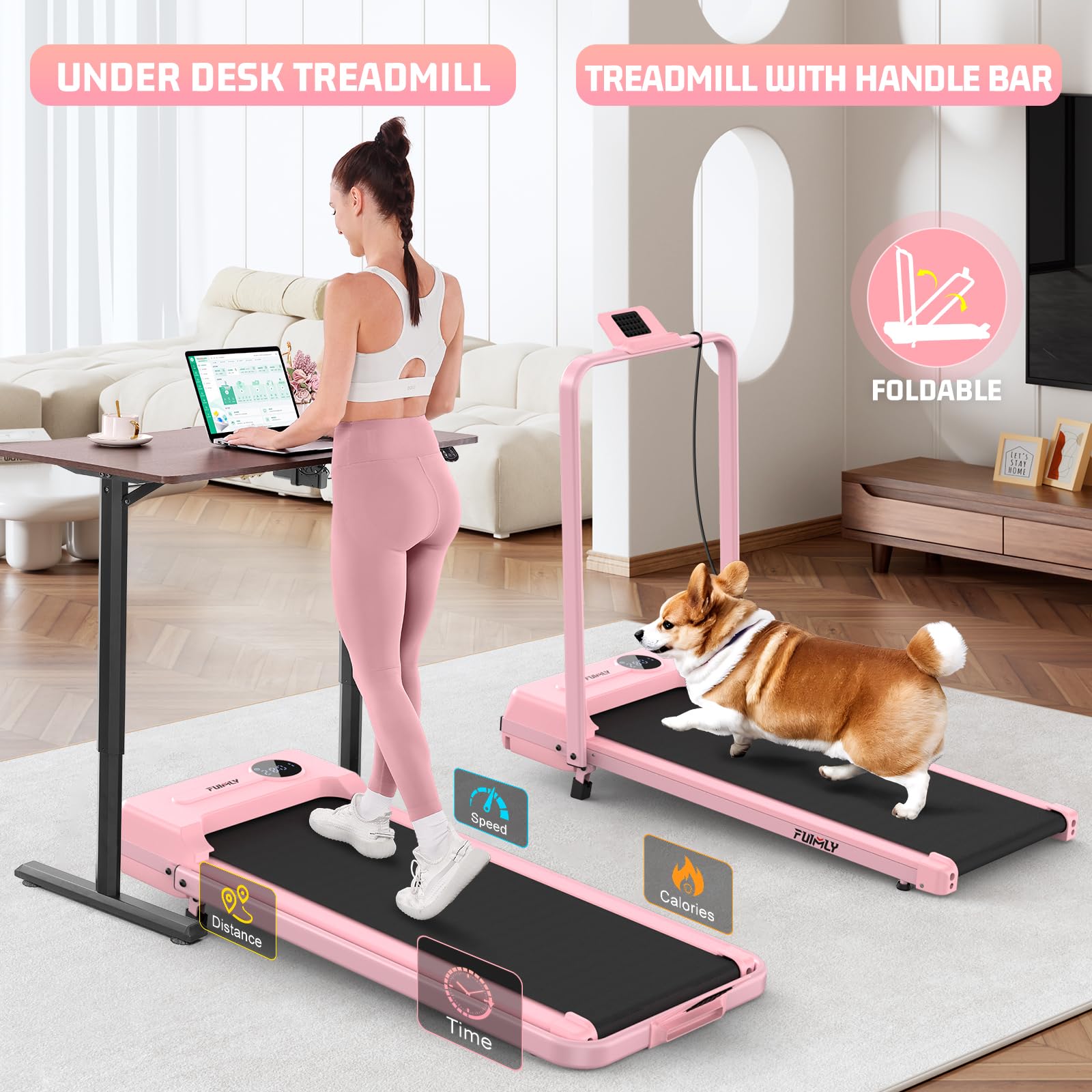 FUNMILY Upgrade Walking Pad Folding Treadmill with 12%/15% & Handle Bar, 3.5HP Foldable Under Desk Compact Treadmills for Home/Office/Gym, 400+lb Capacity, Shock Absorption: Hot Pink