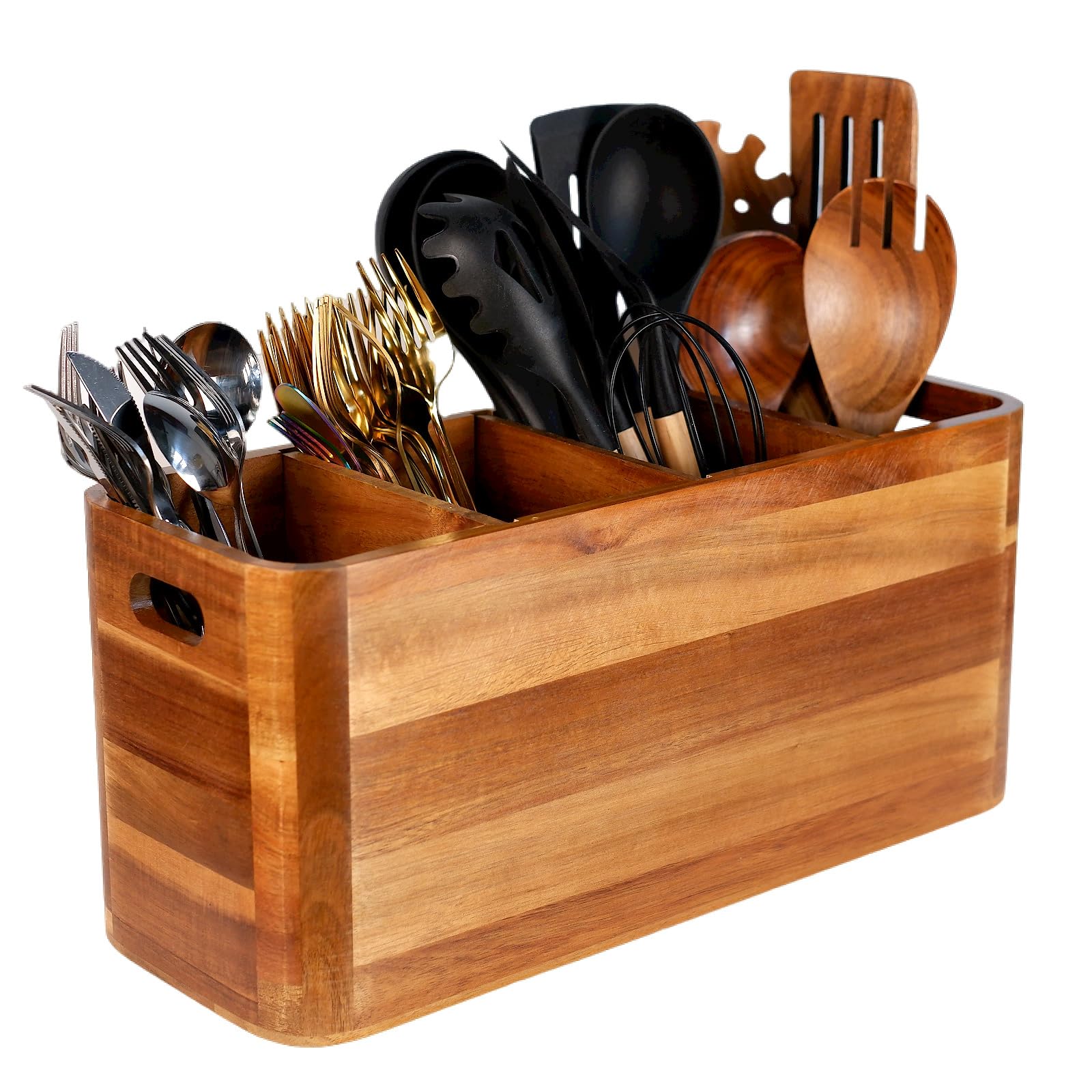 Wooden Kitchen Utensil Holder Organizer for Counter or Countertop, Large Wooden Utensil Holder for Storage Cooking and Silverware with 4 Compartment, Acacia Rustic Wood Container Extra Large