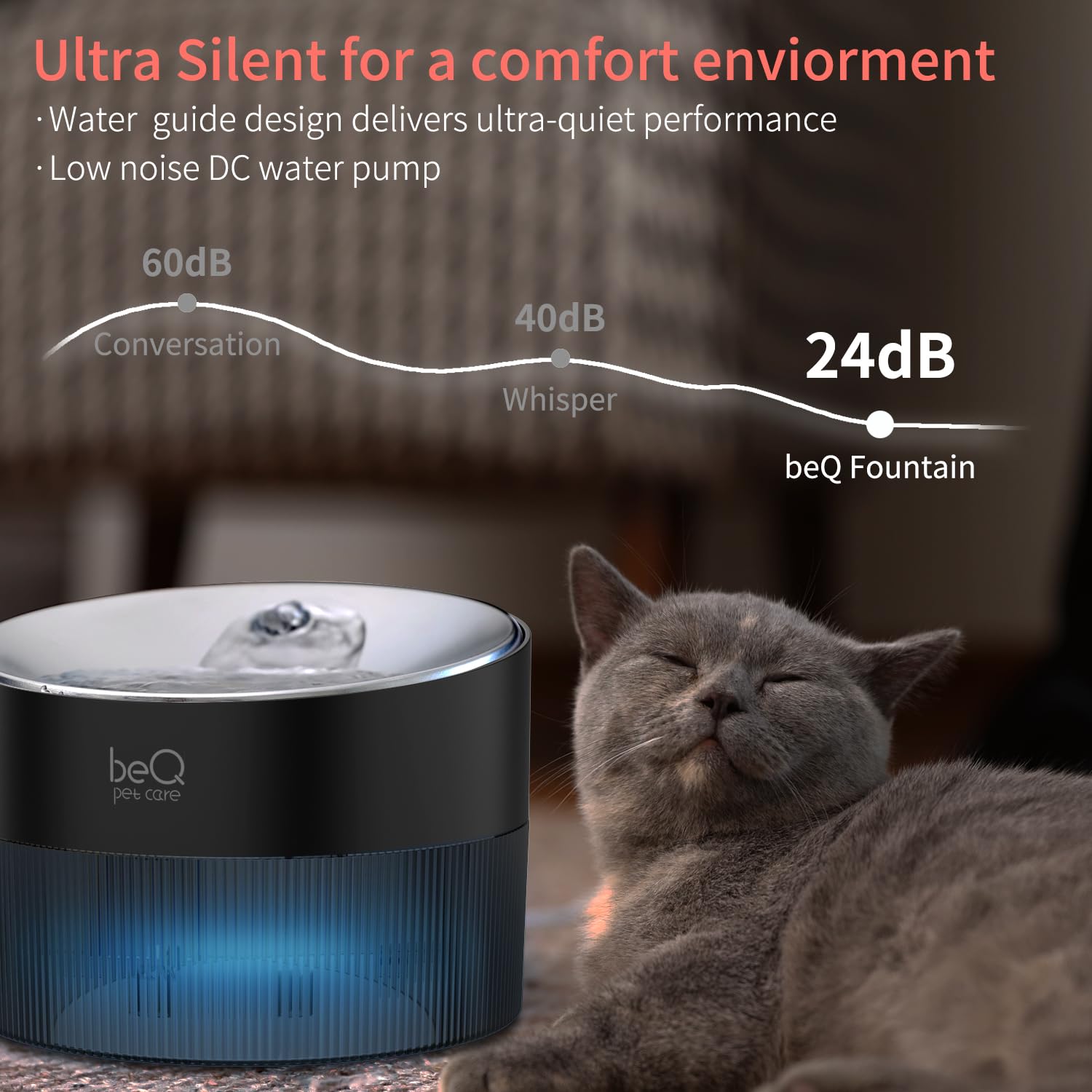 beQ Foblackuntain - Dispenser automatico per acqua per gatti, 2,5 l, in acciaio inox, ultra silenzioso, senza BPA, livello dell'acqua visibile, con filtro di grandi dimensioni, adatto per gatti e cani