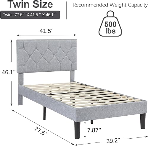Miniatura 2 de VECELO Base de cama tamaño individual, plataforma tapizada con cabecera capitoné con botón ajustable, soporte de listones de madera, no necesita
