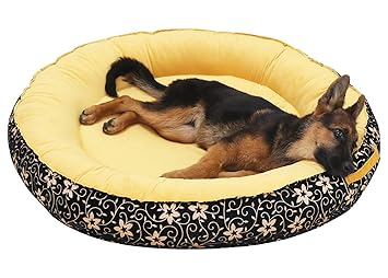 Mellifluous Premium Velvet Fabric Pet Cat Dog Bed- Washable, Portable, Cozy, Suitable for All Breed Dogs and Cats (M, Black - Yellow)