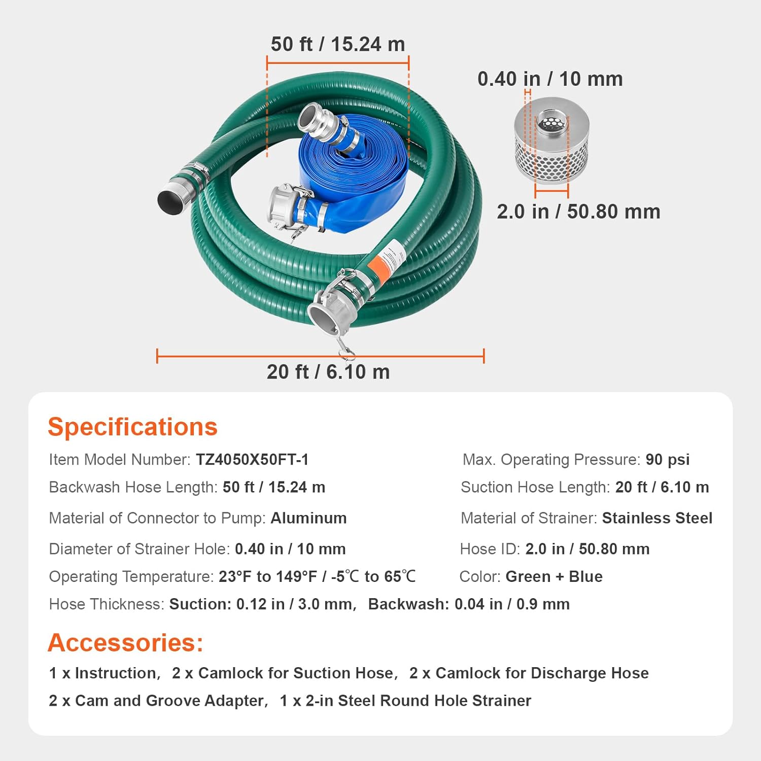 Happybuy Suction Hose Kit for Water Pump, Consisting of 2 in x 50 ft Blue Backwash Hose, 20 ft Green Suction Hose, Together with Steel Round Hole Strainer, Camlocks, Clamps and Cam & Groove Adapter