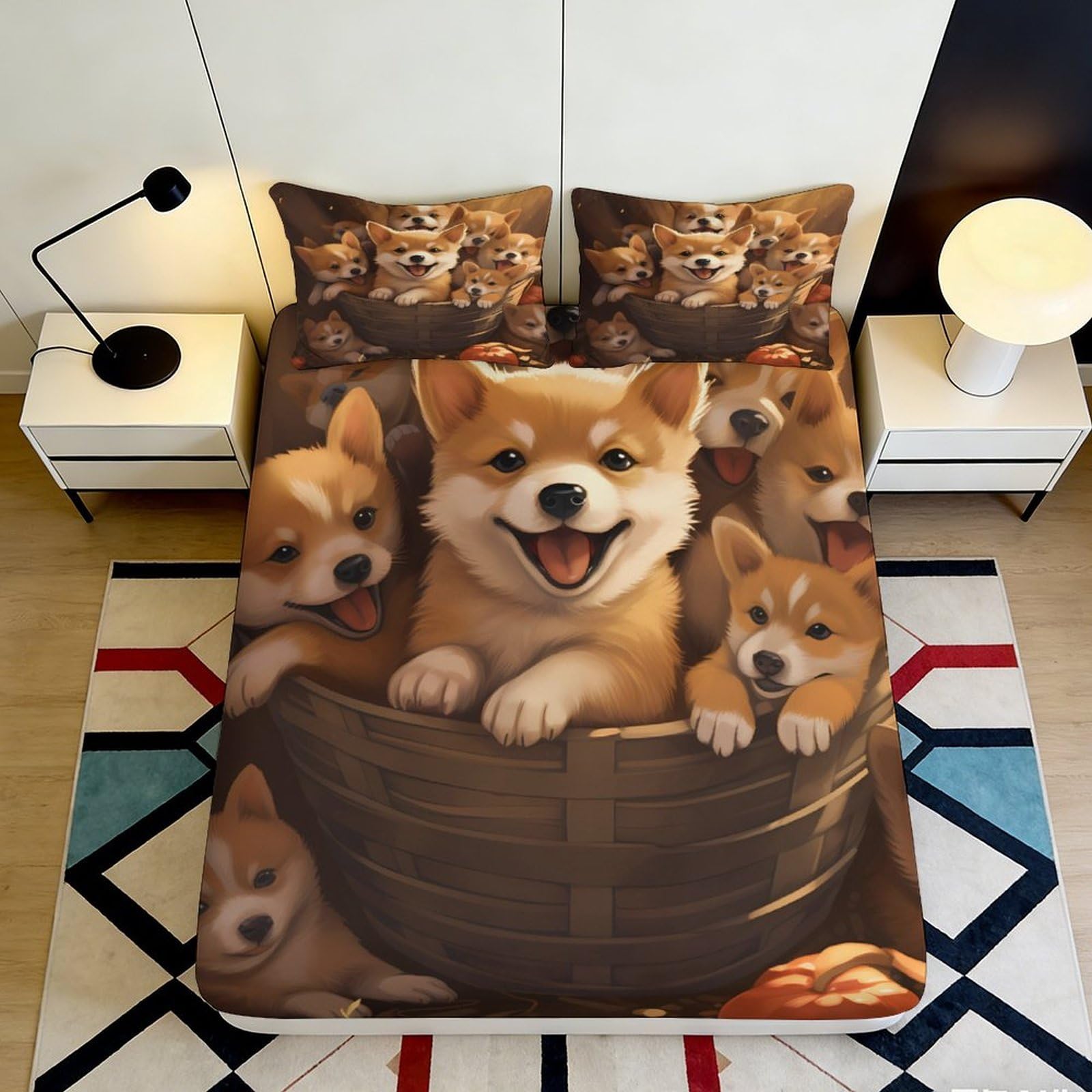 3D Printed Corgi Dog Basket Fitted Sheet Microfiber Soft Breathable Puppy Bed Cover for Bedroom Decor Protection 90x200x25cm