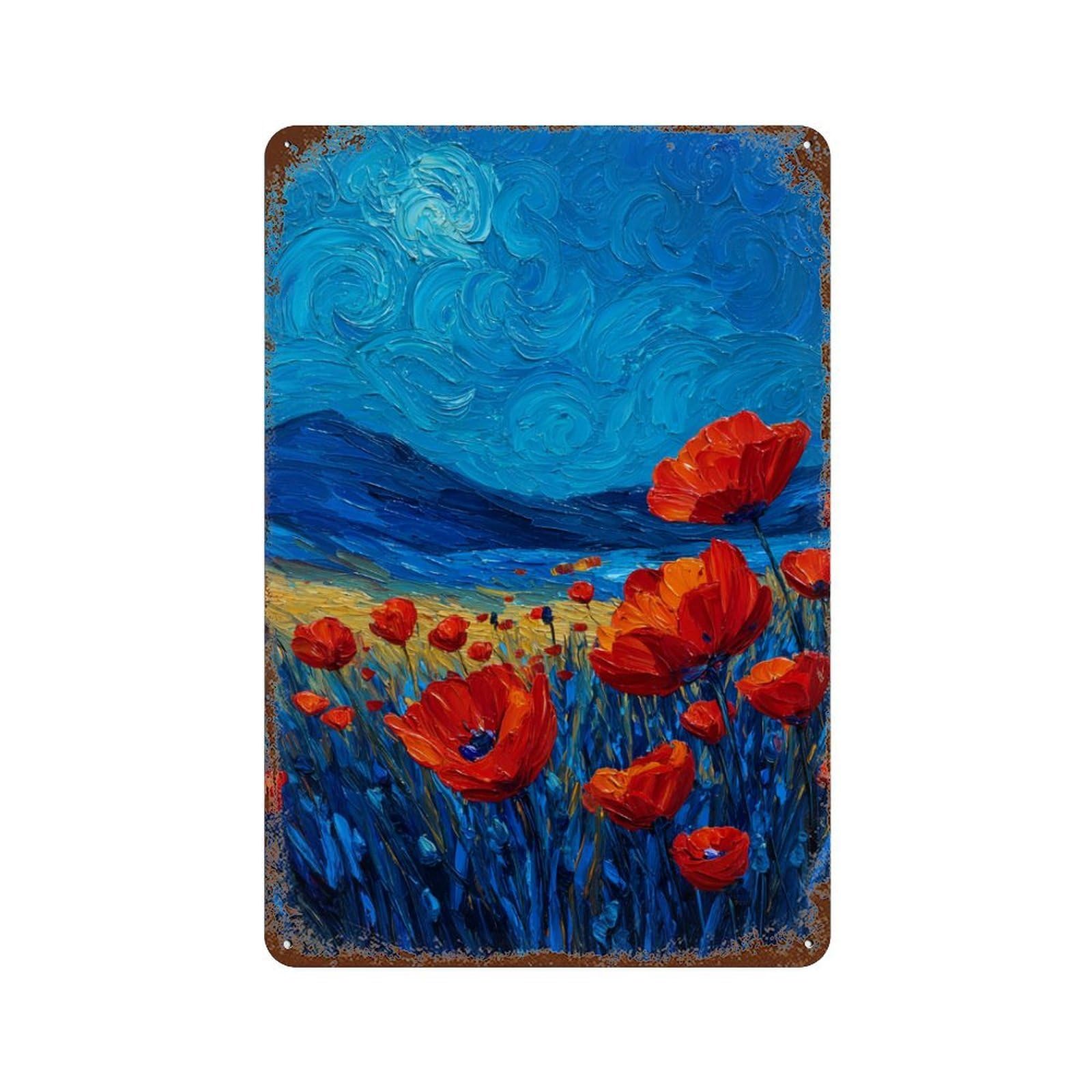 Garage Style Poppy Field Painting -3 Distressed Metal Wall Sign 11.8"x7.9", Classic Wall Plaque for Bar And Workshop