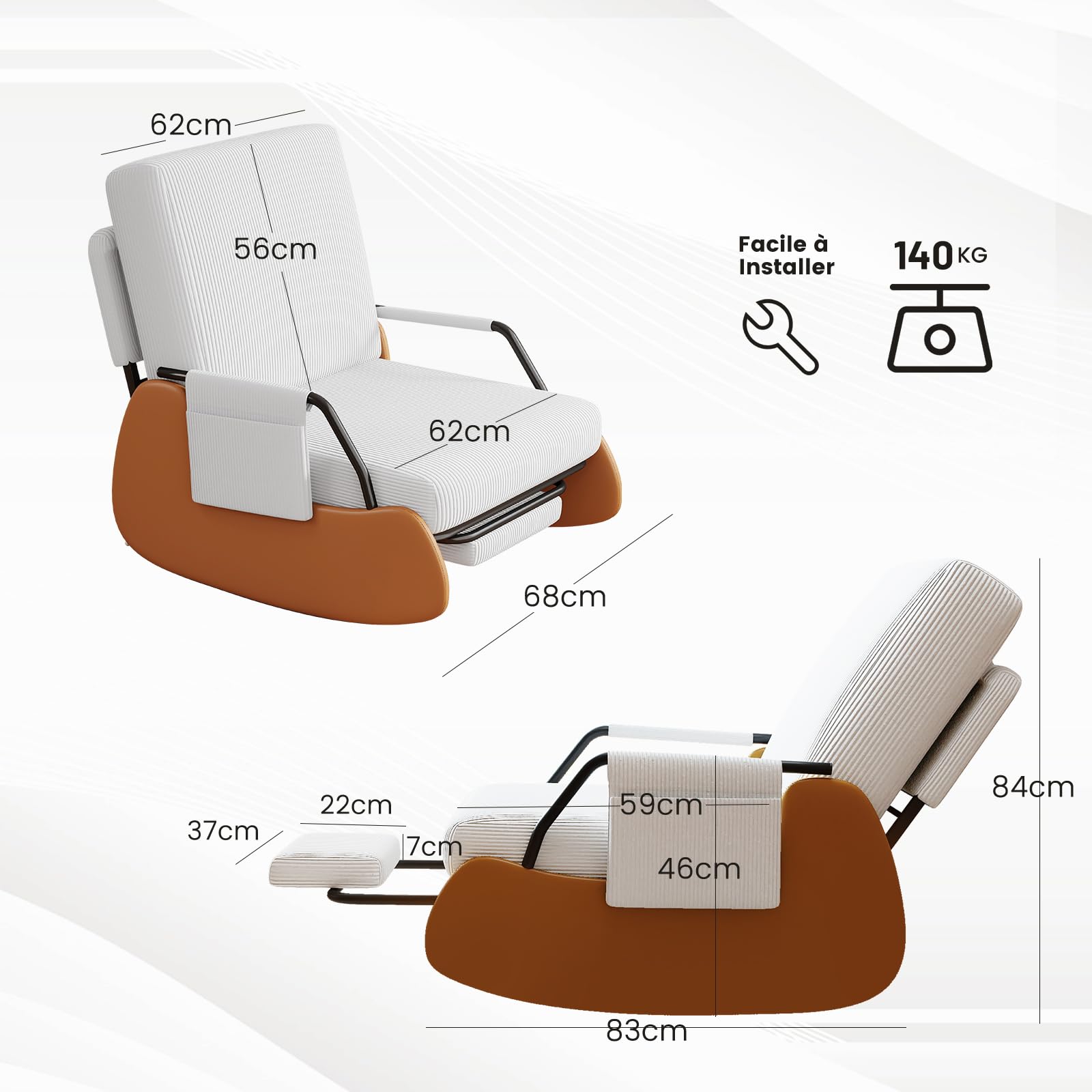 Fauteuil à Bascule avec Repose-Pieds, Fauteuil Allaitement avec Poches Latérales, Rocking Chair Inclinable Rembourré avec Dossier Réglable pour Salon et Chambre, Blanc