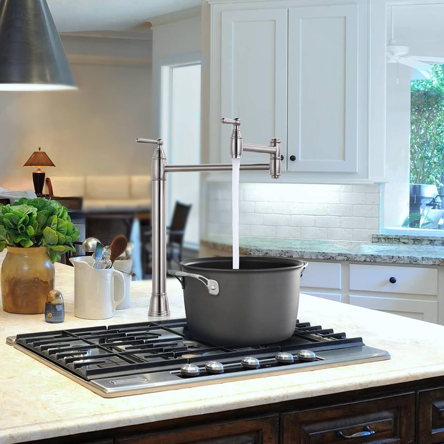 Brushed Nickel Double Handle Deck Mount Pot Filler Faucet
