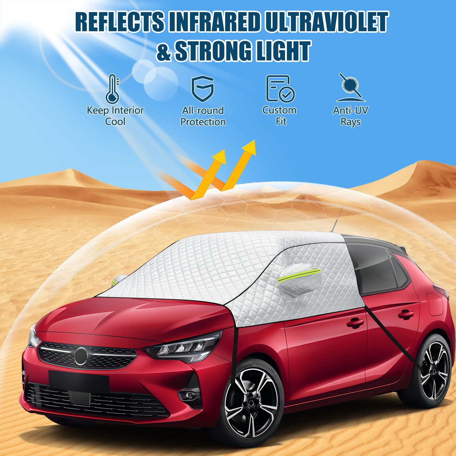 Osłona na przednią szybę kompatybilna z Opel/Vauxhall Corsa, srebrna osłona zewnętrzna okna bocznego, ochrona przed słońcem, blokuje promienie UV, odporna na warunki atmosferyczne osłona przedniej