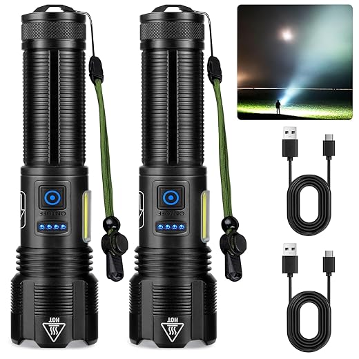 Sigoobal Rechargeable Flashlights High Lumens,120000 Lumens LED Flashlight with 6 Modes, Super Bright COB Work Light, AdjustableWaterproof Flash Light High Powered for Camping(2 Pack)