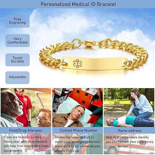 Miniatura 12 de VNOX Pulsera de identificación de alerta médica, pulsera de emergencia de acero inoxidable para hombre y mujer, 7.2/8/8.4 pulgadas *personaliza tu
