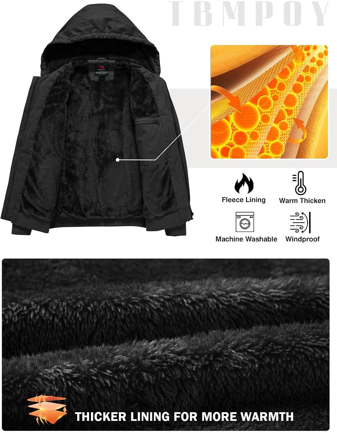 TBMPOY Men's Winter Jackets Hooded Work Cotton Fleece Lined Duck Coats Flannel Active Workwear Coat - Image 4