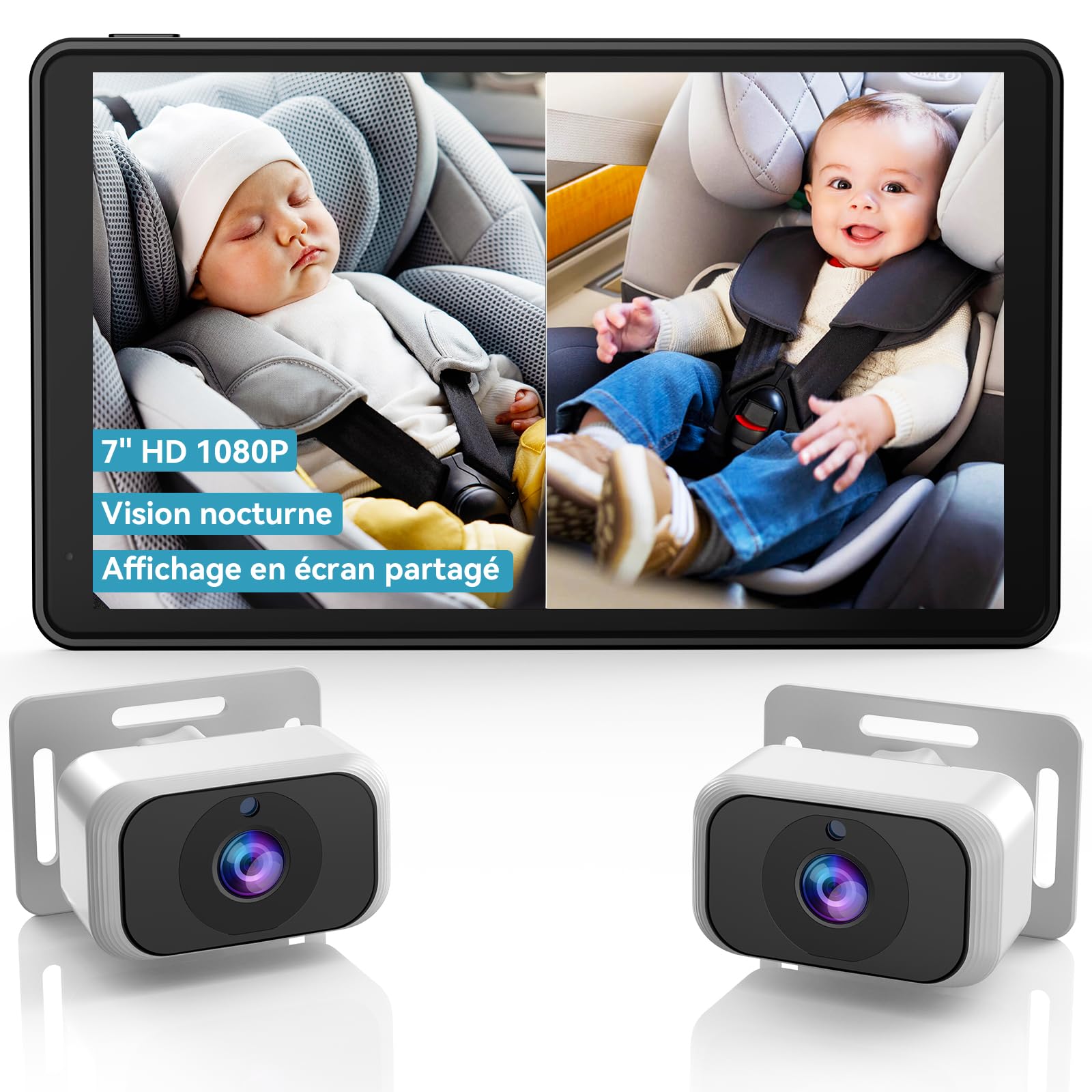 Caméra Voiture Bébé pour 2 Enfants : Écran IPS 7 Pouces avec Deux Caméras pour Siège Auto, Écran Partagé, Vision Nocturne, HD 1080P - Caméra Arrière Facile à Installer Tomoia