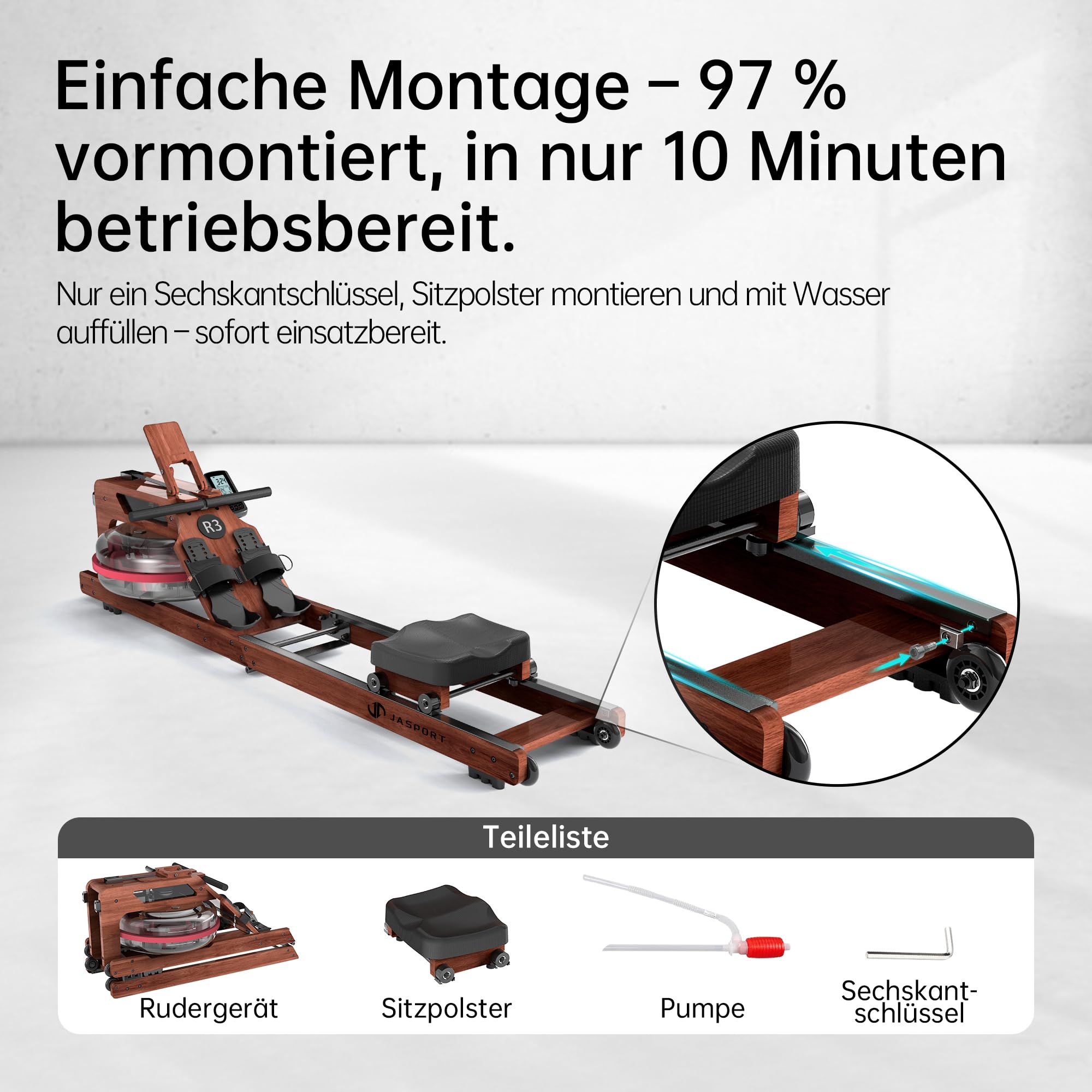 R3 Faltbares Rudergerät aus Eichenholz, mit Bluetooth-fähigem LCD-Display, kompatibel mit Kinomap, 28L Wassertank, belastbar bis 150 kg, ergonomischer Sitz, Verstellbarer Tablethalter
