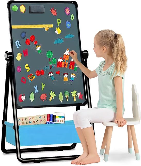 Kids Art Easel Double-Sided Foldable Drawing Board 29.5inch-44inch Height Adjustable Standing Easel 360° Rotatable Whiteboard Chalkboard with Magnetic Letters Numbers for Boys Girls Toddlers