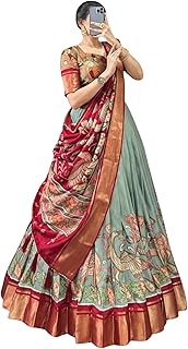 Dream Crushers Women's Tussar Silk Blend Leheriya Semi Stitched Lehenga Choli Set with Foil Print Half Sleeves Round Neck and Solid Pattern