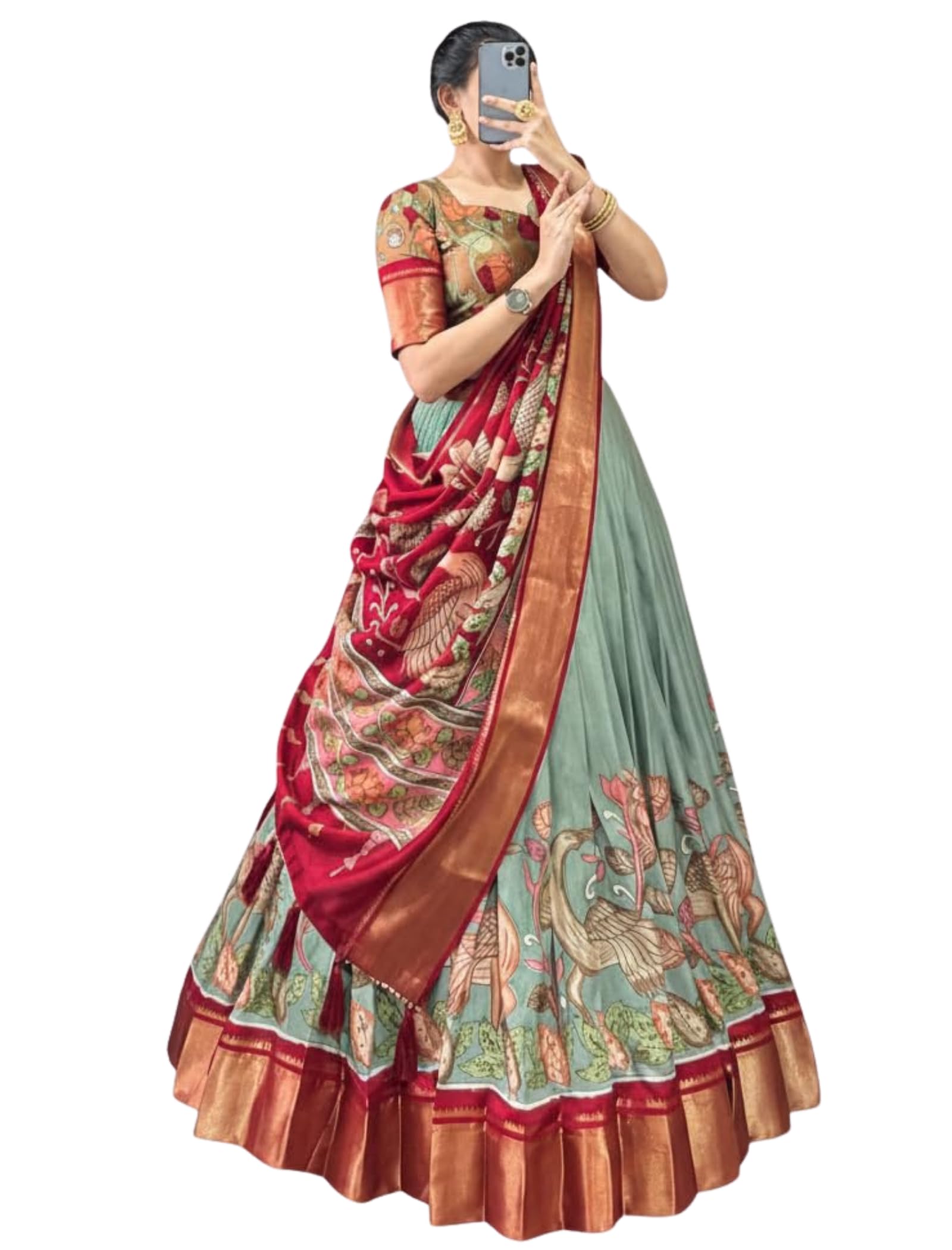 dream crushers Women's Tussar Silk Blend Leheriya Semi Stitched Lehenga Choli Set with Foil Print Half Sleeves Round Neck and Solid Pattern-picture-23