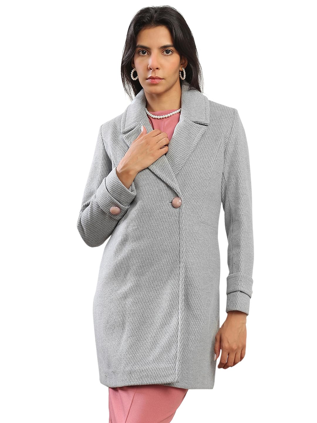 Women Notched Lapel Long Sleeves Striped Self Design 2 Pockets Hip Length Winterwear Overcoat-image-36